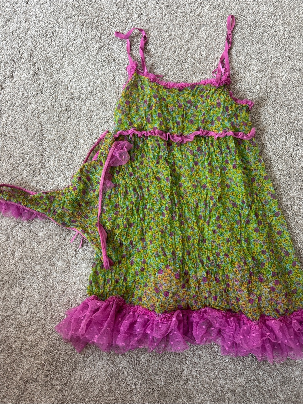 Anna Sui Green Floral Slip Dress with Hot Pink Trim